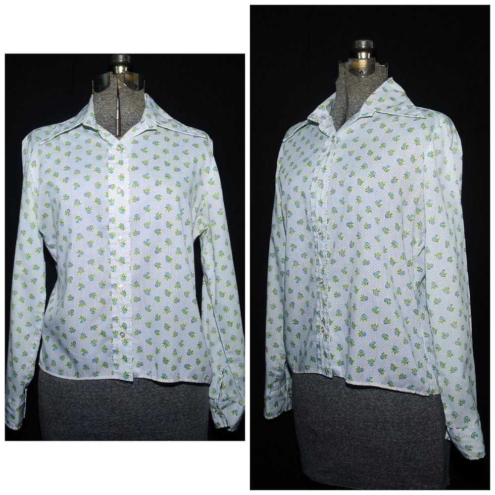 VTG 1970's Blue Floral & Polka Dot Print Blouse Long Sleeve Cotton Blend XS/SM